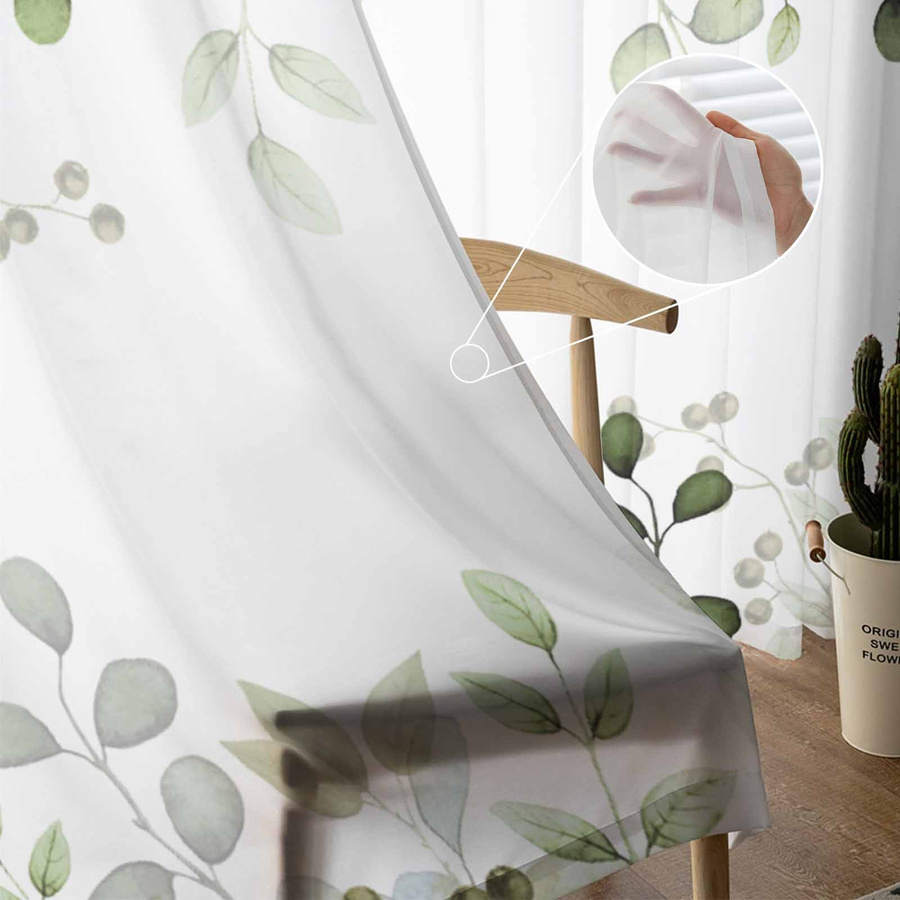 Transparente Tüll Voile Vorhänge mit abstraktem salbeigrünem Blätter- und Zweigmuster von Household supplies MH, Breite: 135 cm, Höhe: 137 cm - Bild 2