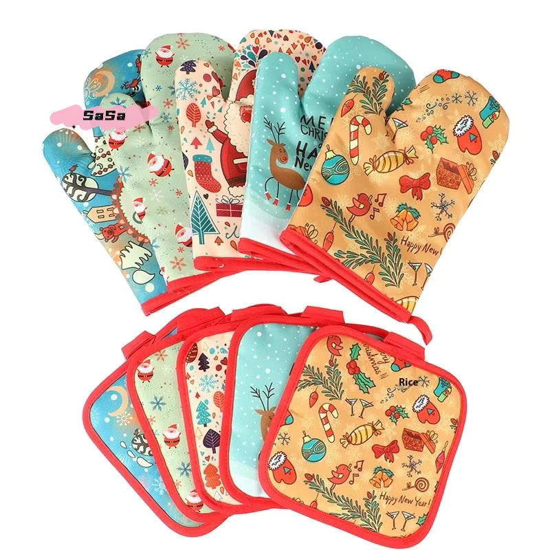 YOWEI Ofenhandschuhe und Topflappen Set mit Weihnachtsmann und Schneeflocken Muster in Multicolor - Bild 2