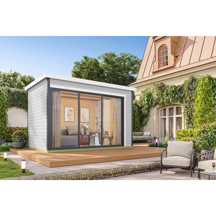 Lasita Blockbohlenhaus Austin Gartenhaus mit Flachdach in Lichtgrau, B/T/H: 379,6 x 239,4 x 259,6 cm - Bild 2