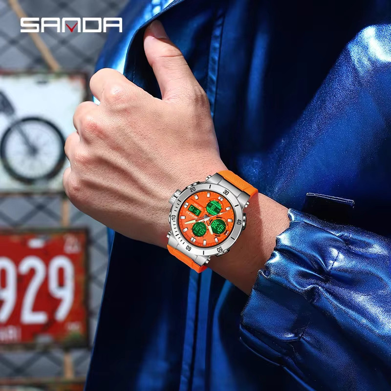SANDA Chronograph Digitaluhr, Quarz, Silikonarmband, Herren, Schwarz - Bild 4