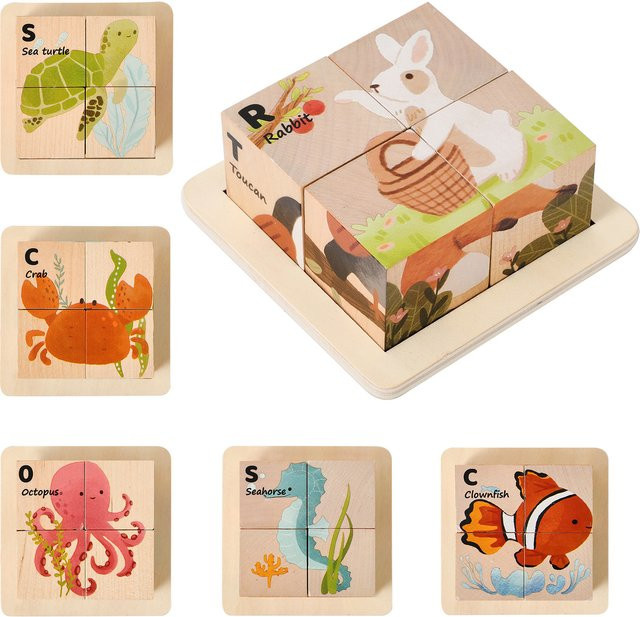 let's make Holz-Puzzle-Blöcke, Meerestiere, 6-in-1 Set - Bild 1