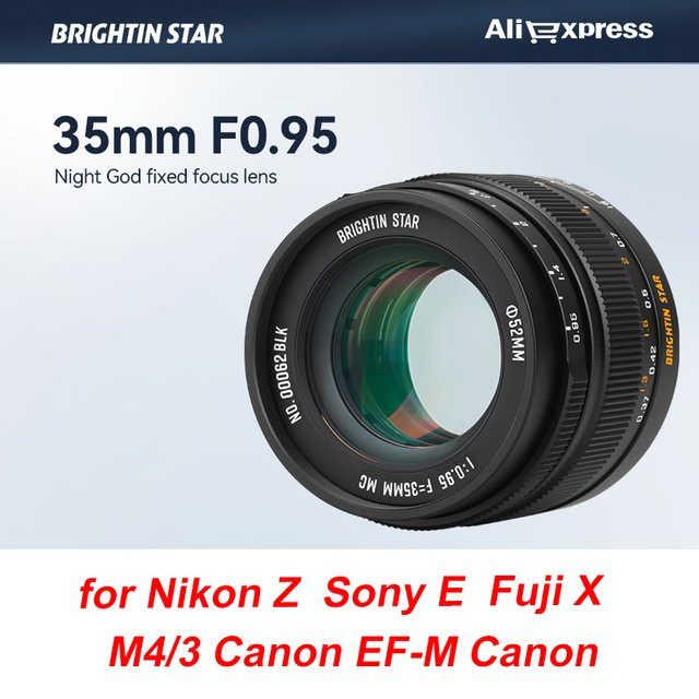 Brightin Star 35 mm F0,95 APS-C Kameraobjektiv mit manuellem Fokus für Nikon Z, Sony E, Fujifilm X, Canon EF-M und Micro Four Thirds, Schwarz - Bild 1