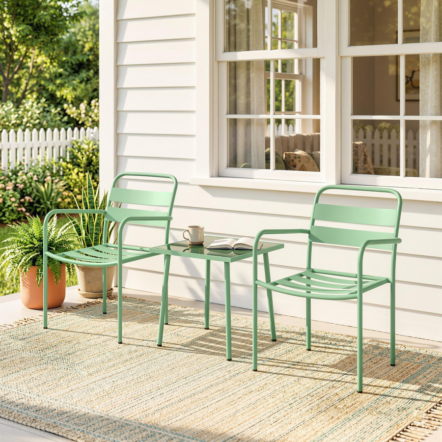 Outsunny 3-teiliges Garten-Bistro-Set in Grün mit Tisch aus gehärtetem Glas und 2 Lattenstühlen aus verzinktem Stahlrahmen - Bild 2