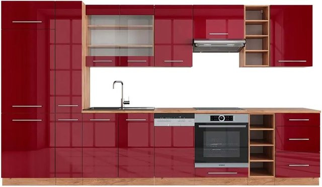 Vicco Fame-Line Küchenzeile Bordeaux Hochglanz in Rot und Goldkraft Eiche, Breite: 355 cm - Bild 1