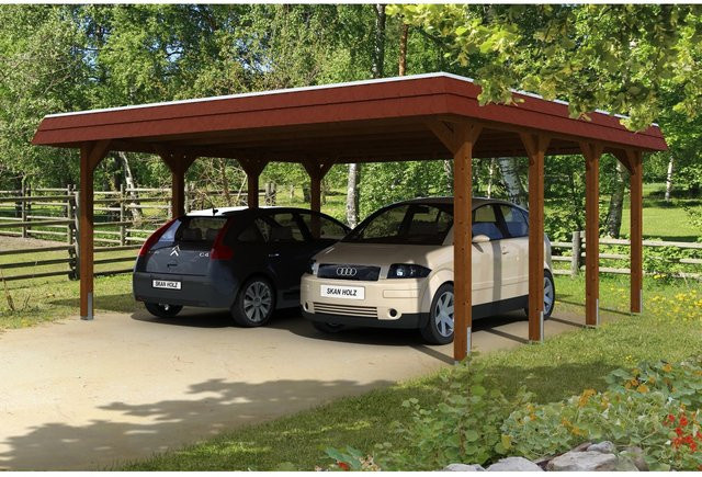 Skan Holz Carport Spreewald aus Nadelholz mit Aluminium-Dachplatten und roter Blende in Nussbaum, B/T: 585 x 589 cm - Bild 1
