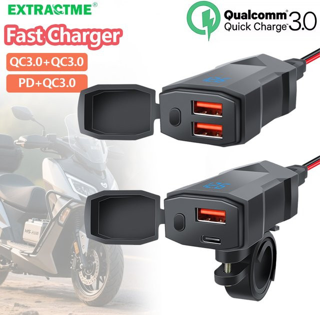 Extractme Motorrad-Ladegerät in Schwarz mit Dual-USB QC3.0 Typ C Schnellladegerät, Netzteil und wasserdichtem digitalem Voltmeter inklusive Steckdose mit Schalter - Bild 1