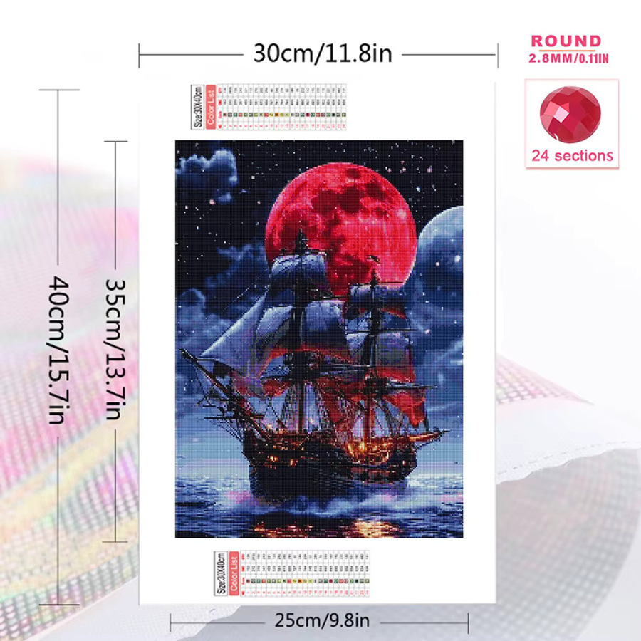 Momoart Diamantmalerei Schiff Landschaft mit Mond als DIY Mosaik Set in Mehrfarbig - Bild 2