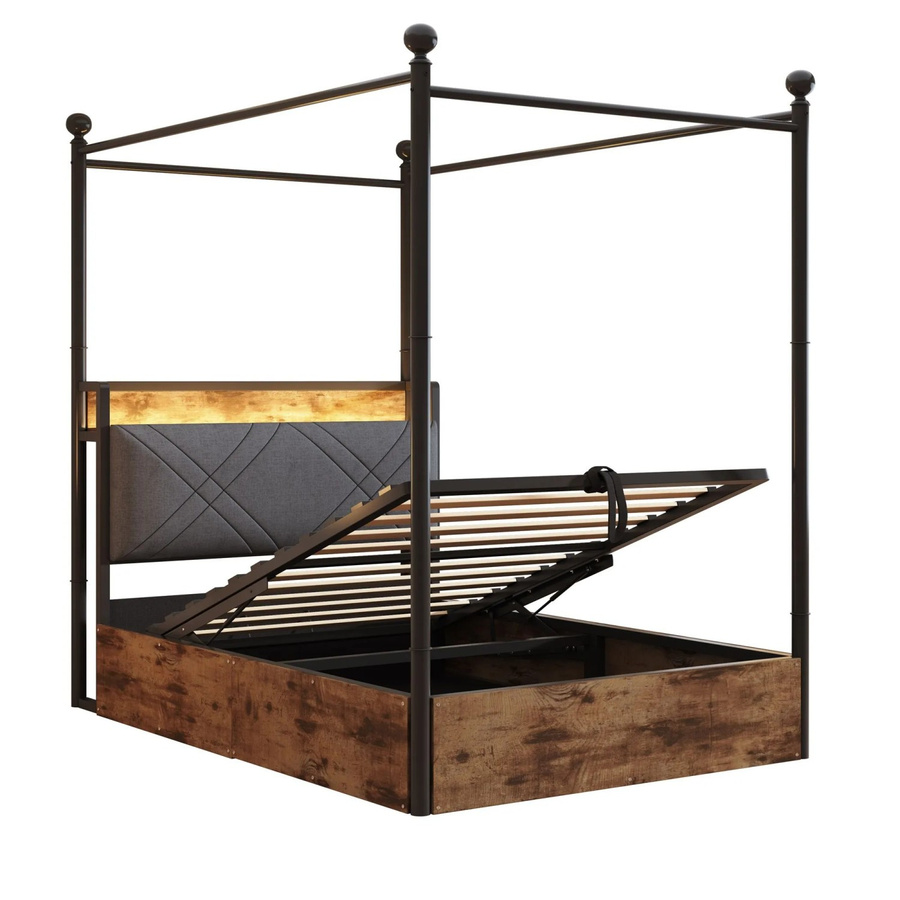 Merax Einzelbett mit Baldachin aus Metall in Schwarz mit LED-Unterbettbeleuchtung und USB-Ladeport, B/T/H: 90 x 190 x 208,6 cm - Bild 2
