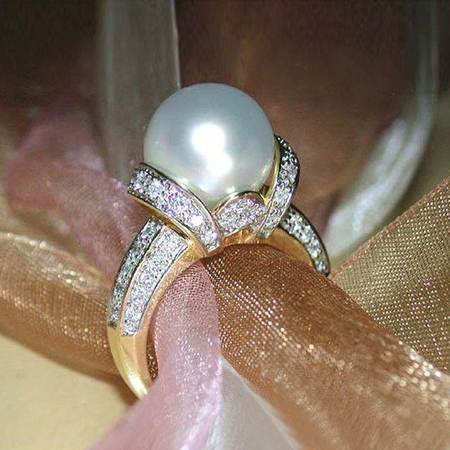 Huitan Ring, Gold Farbe, Perle, Zirkonia, Damen - Bild 1
