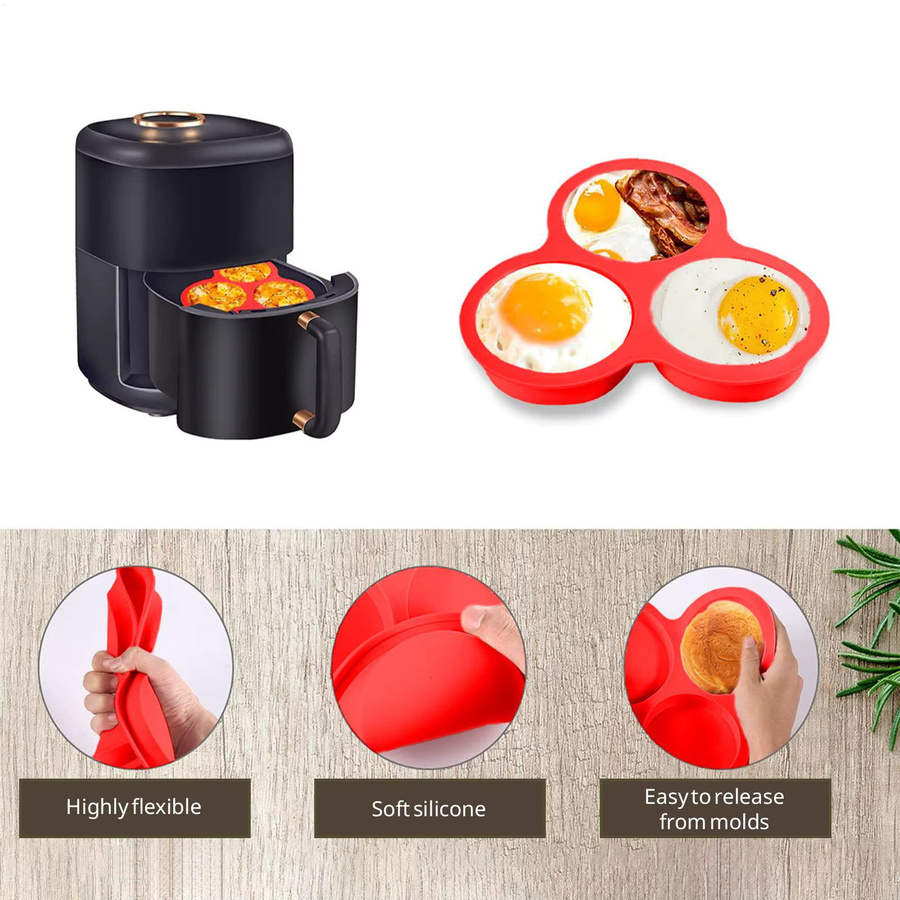 Rote Silikon-Eiform mit 3 runden Mulden für Luftfritteuse, Ofen und Toaster zum Backen von Eierpattys und Cupcakes - Bild 5