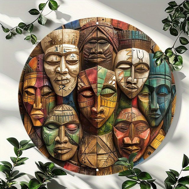 Potdemiel Afrikanische Vintage-Masken als runde Aluminium-Wandkunst, Mehrfarbig, B/T/H: 20,3 x 20,3 x 20,3 cm - Bild 1