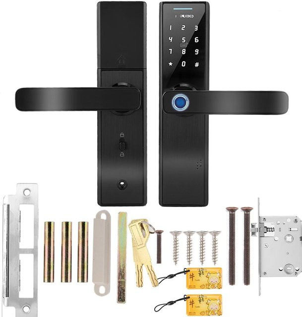 Aimo Elektronisches Smart-Türschloss mit Fingerabdruck, Passwort und RFID-Karte, Touchscreen und Doppelzungen-Mechanismus, Schwarz - Bild 1