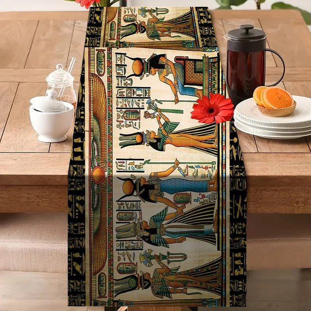 VIKAMA Tischläufer aus 100 % Leinen mit altägyptischem Retro-Print, Mehrfarbig, Länge: 150 cm - Bild 1