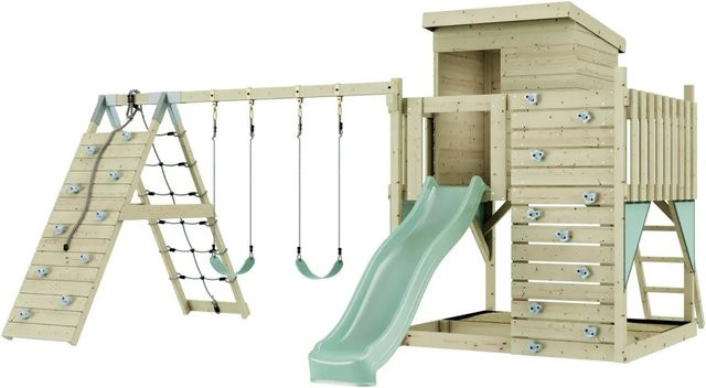 PolarPlay Spielturm Frida aus Holz mit Kinderschaukel und Rutsche, Mintgrün - Bild 1