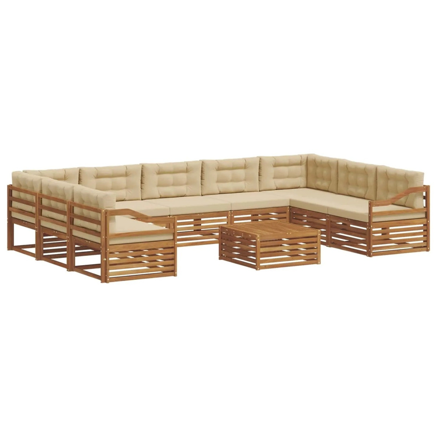 vidaXL Sofagarnitur aus Massivholz Akazie in Natur und Beige, 10-teiliges U-Form Gartenmöbel-Set mit Polstern - Bild 2