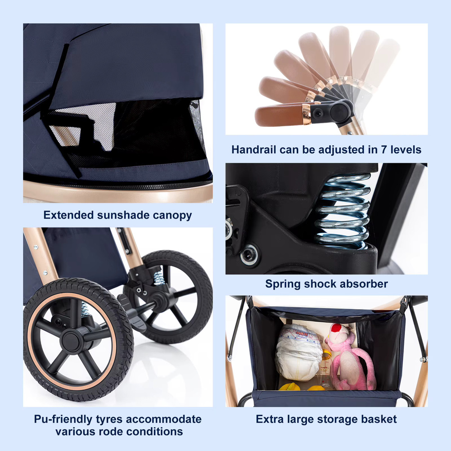 3-in-1 Kombi-Kinderwagen für Neugeborene mit Babywanne, zusammenklappbar und verstellbarer Griff, Grau-Blau - Bild 4