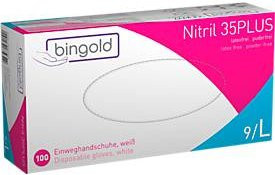 BINGOLD Nitril Schutzhandschuhe 35PLUS Einweg, puderfrei, mikrotexturierte Fingerspitzen, Weiß, Größe L, 100 Stück - Bild 1