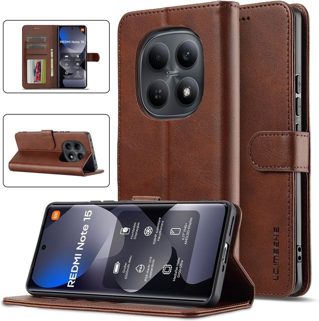 Luxuriöse PU-Leder Handyhülle im Flip-Design für Xiaomi Redmi Note 15, Redmi Note 14 Pro + Plus und Redmi 14C als Brieftasche mit Kartenetui, Stoßfest, Grau oder Braun - Bild 1