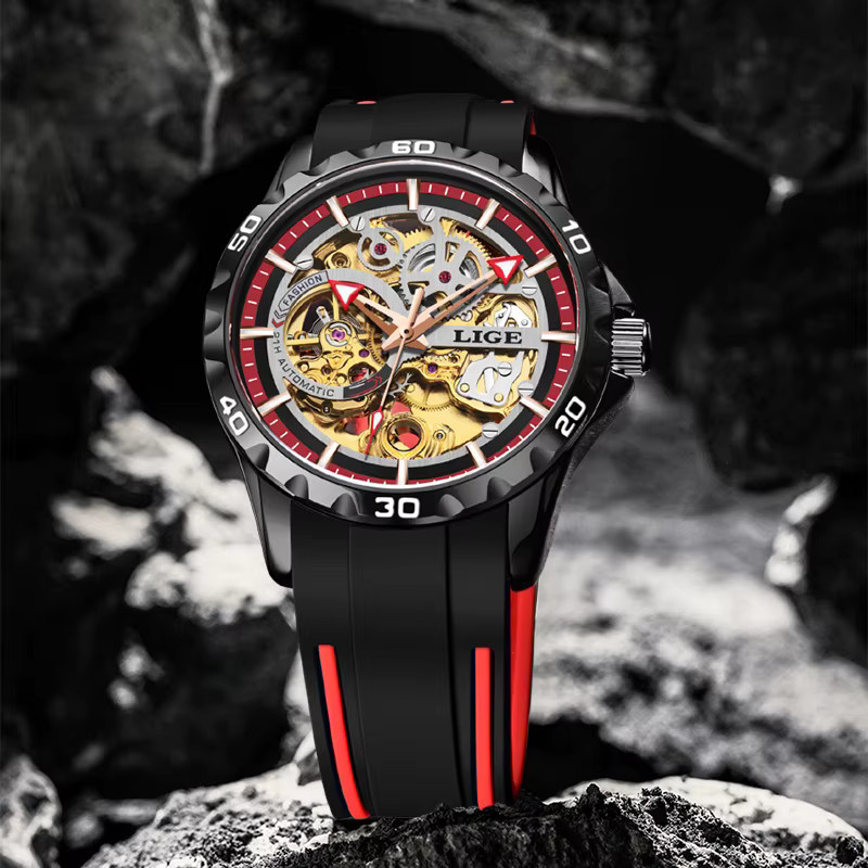 LIGE Armbanduhr Automatik, Silikon, Schwarz, Herren - Bild 4