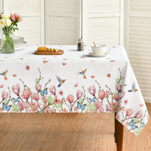 Wasserdichte Tischdecke von JINGYUE Pet mit Kolibri- und Blumenmuster, Rechteckig, Weiß, B/B: 140 x 180 cm - Bild 1