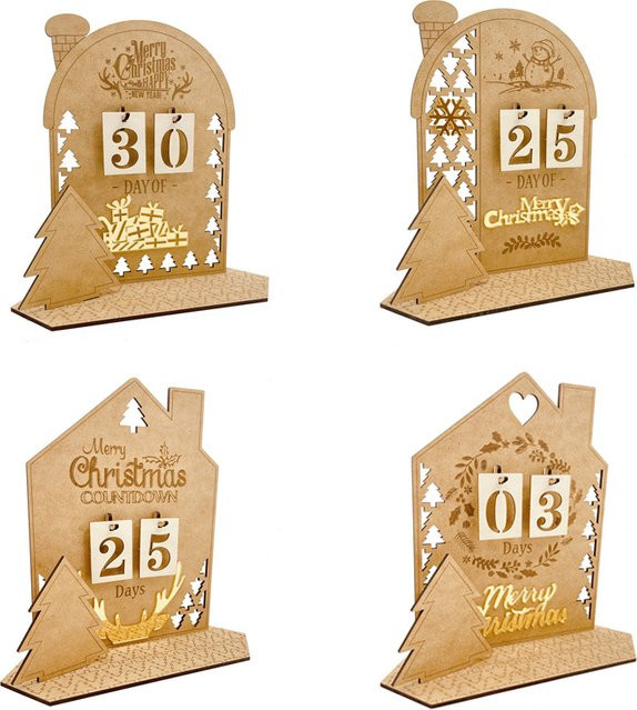Joy-enlife Holz Adventskalender mit Elch, Schneemann und Weihnachtsbaum in Braun als Tischdekoration - Bild 1