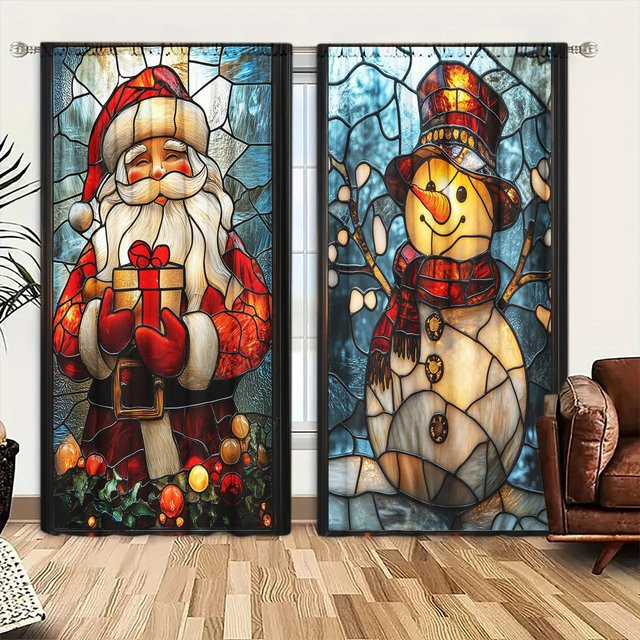 2er-Set Weihnachts Vorhänge mit Buntglas-Design Weihnachtsmann und Schneemann, Grau, Breite: 52,5 cm, Höhe: 116 cm - Bild 1