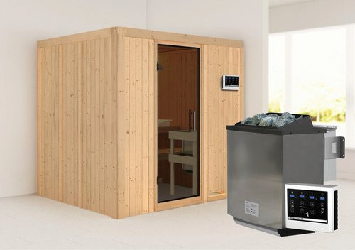 Karibu Sauna Rakvere Bio-Kombi-Sauna für 3 Personen mit 9 kW Bio-Kombi-Saunaofen und externer Steuerung, beige - Bild 1