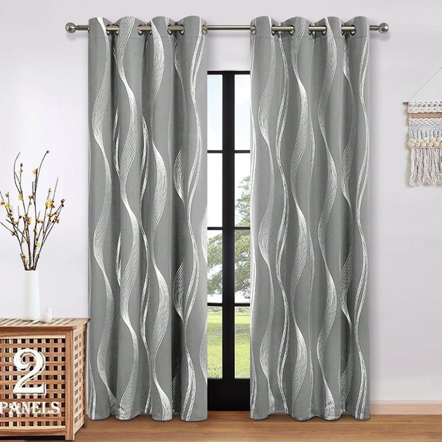 Yiran Furniture Verdunkelungsvorhang mit silbernem Wellenmuster in Lichtgrau, B: 132 cm, H: 160 cm - Bild 1