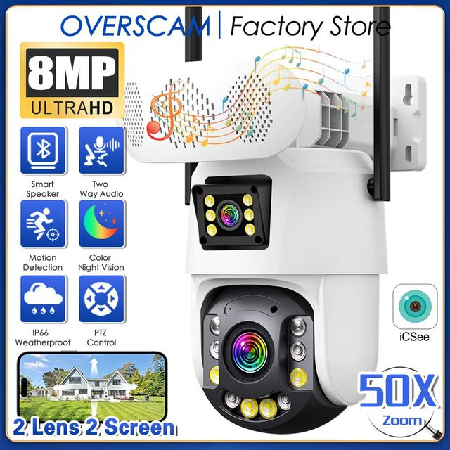 Overscam 4K Dual Lens Wifi PTZ IP-Überwachungskamera mit 50X Zoom, Human Detection und Bluetooth-Lautsprecher, Weiß - Bild 1