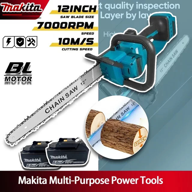 Makita Akku-Kettensäge 600W mit 12 Zoll Schiene, kabellose elektrische Holzbearbeitungs-Säge in Blau für 18/20V Akkus - Bild 1