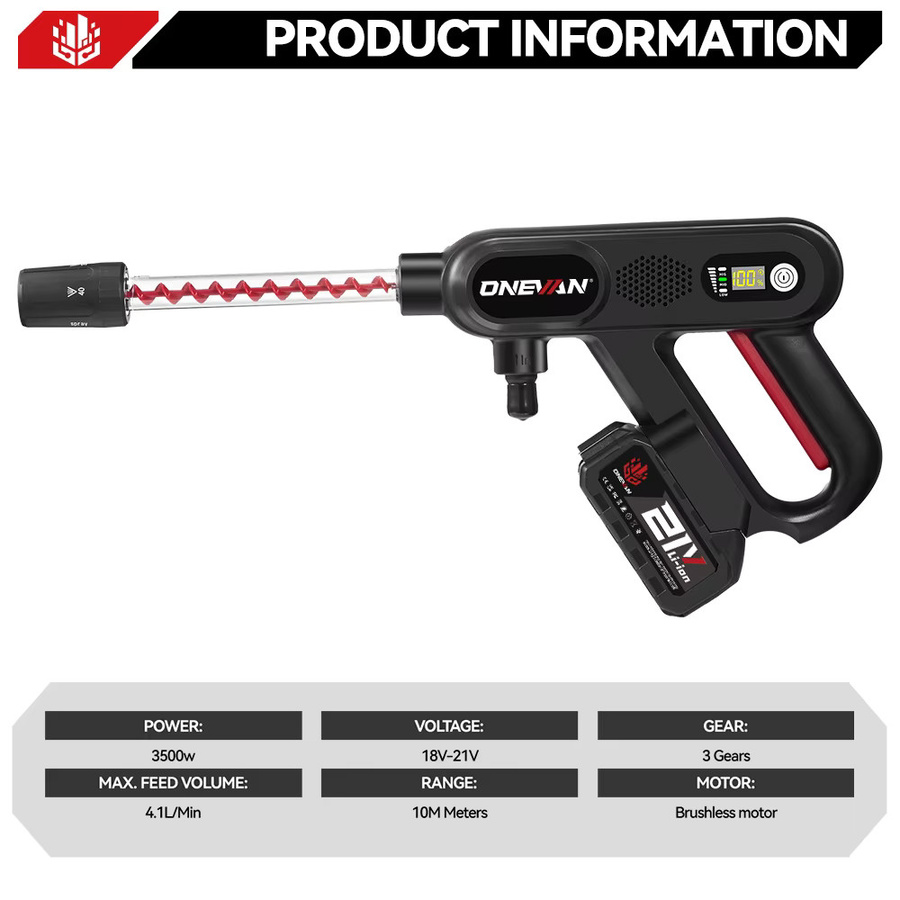 ONEVAN Bürstenloser elektrischer Hochdruckreiniger 220 Bar 3500W Schwarz für Makita LXT 18V Akku mit 3 Reinigungsstufen - Bild 4
