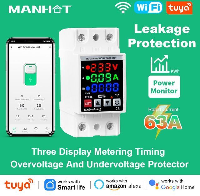 Tuya Smart 3in1 WIFI Leistungsschalter mit Energie Metering, Timer und Leckageschutz in Weiß - Bild 1