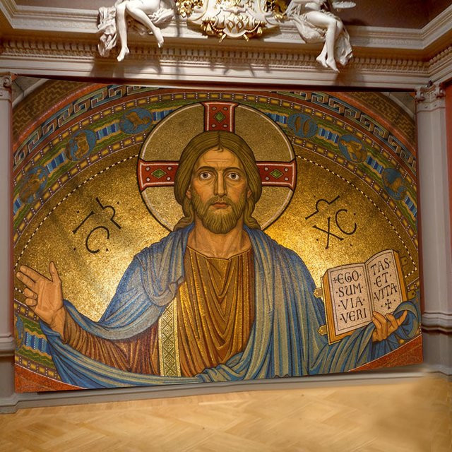 Byzantinischer Jesus Christus Wandteppich aus Samtstoff in Multicolour, Religiöse Mosaik-Kunst als Wandbehang, B/H: 100 x 150 cm - Bild 1