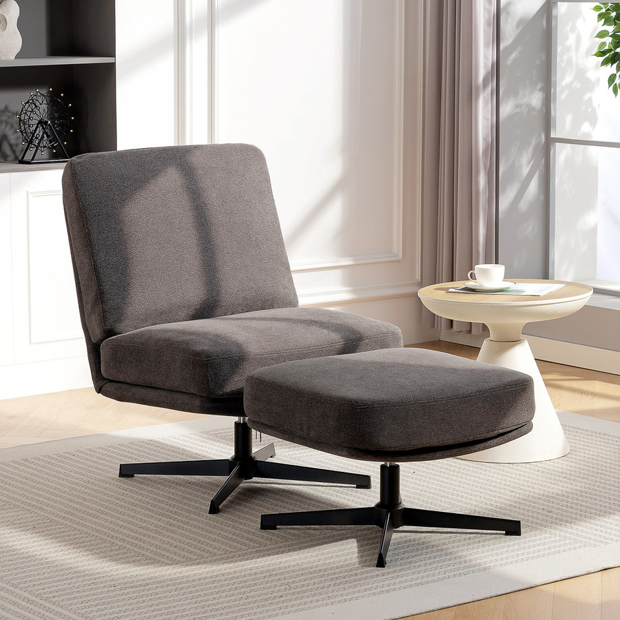 HOMCOM Loungesessel mit Hocker, drehbarer Polstersessel in Leinenoptik mit Metallrahmen, moderner Relaxsessel für Wohnzimmer und Schlafzimmer, Dunkelgrau - Bild 2