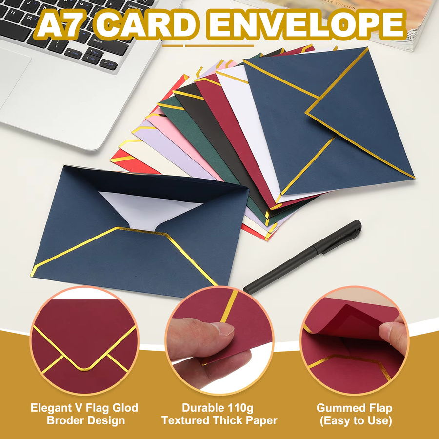 30 Stück A7-Umschläge mit V-Klappe und goldenem Rand, selbstklebend, ideal für Hochzeitskarten und Valentinstag-Einladungen - Bild 2