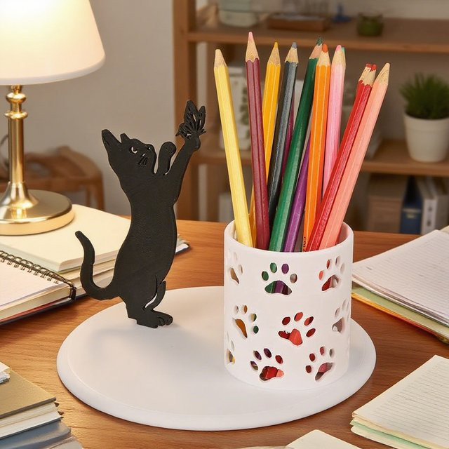 Desktop-Aufbewahrungsset mit Katzen- und Schmetterlingsmotiv für Schreibwaren und Kleinteile, Mehrfarbig und Weiß, Kunststoff - Bild 1