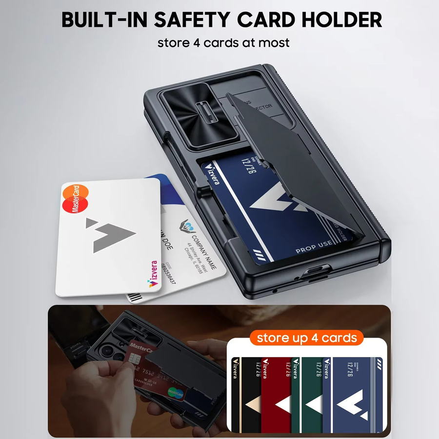 BANGZAO Stoßfeste Handyhülle für Galaxy Z Fold 7 mit Kartenhalter, Schiebe-Kameraabdeckung und RFID-Blockierung in Schwarz - Bild 2