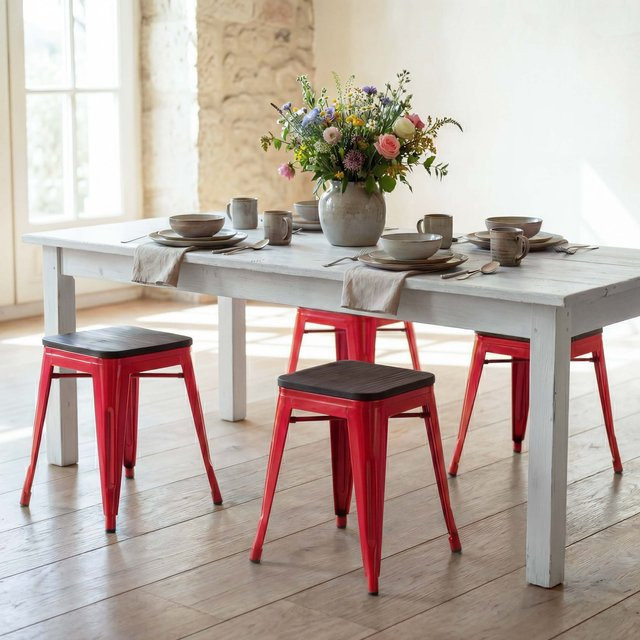 4er-Set Stapelbare Hocker MCW-A73 im Industriedesign mit Holz-Sitzfläche und Metallgestell in Rot - Bild 1