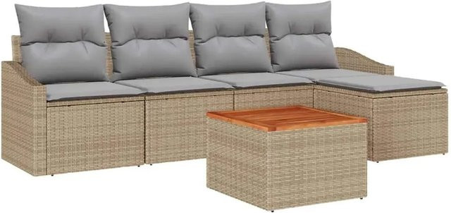 vidaXL Garten-Sofa-Set aus Polyrattan in Beige, 6-teiliges L-Shape Lounge-Set mit Polsterkissen für Garten, Terrasse und Balkon - Bild 1