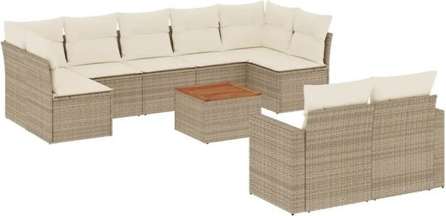 vidaXL 10-tlg. Garten-Sofagarnitur in L-Form aus Polyrattan mit Kissen und Couchtisch, Beige - Bild 1