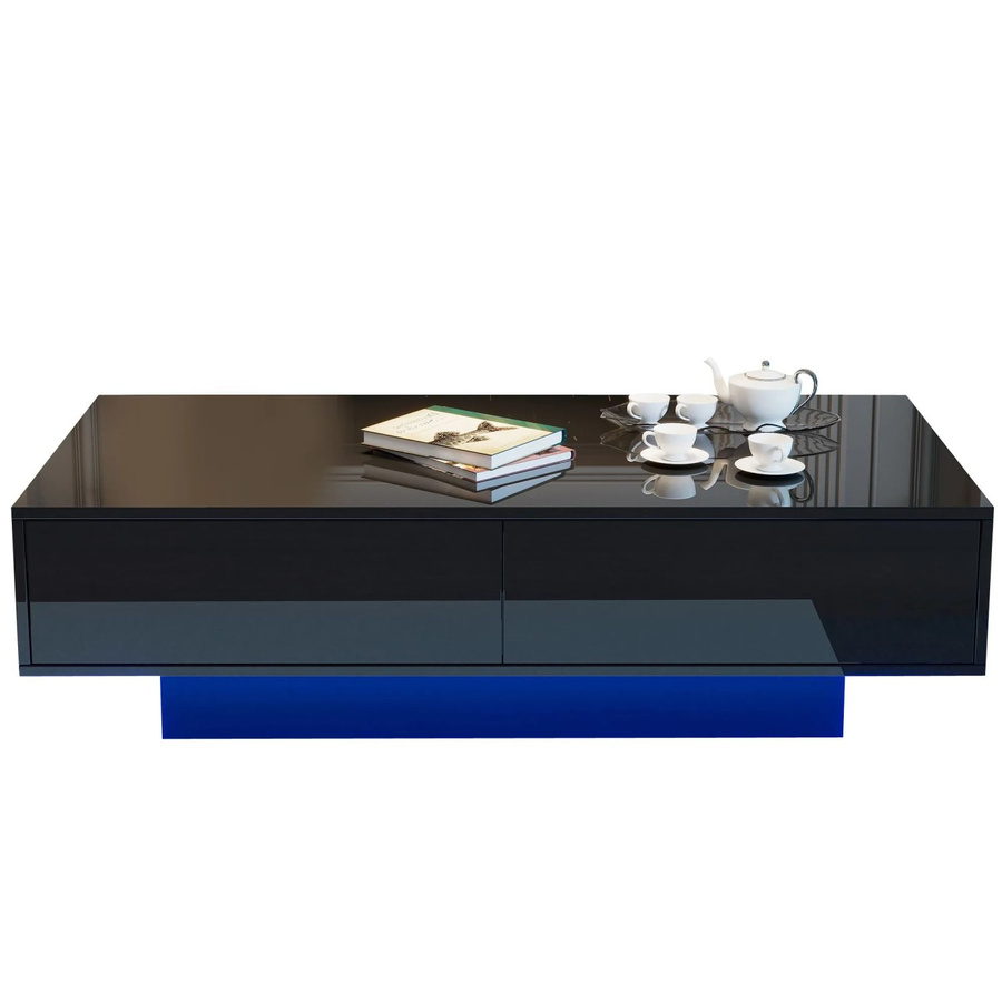 okwish Couchtisch in Schwarz mit 2 Schubladen, LED-Beleuchtung und glänzender Oberfläche, B: 115 cm, T: 55 cm, H: 34 cm - Bild 2