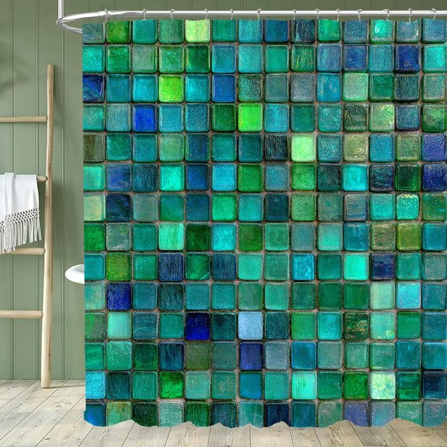 Wasserdichter Duschvorhang mit geometrischem Quadratmosaik-Muster von Monika Chen, mehrfarbig, B: 60 cm, H: 190 cm - Bild 1