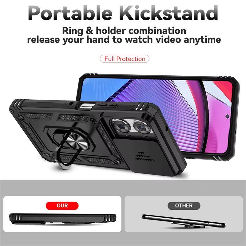 Robuste Schutzhülle mit Rüstungsring und Schiebeobjektiv-Schutz für Motorola G Power, G Play, Edge G 5G und Stylus 5G in Schwarz und Silber - Bild 6