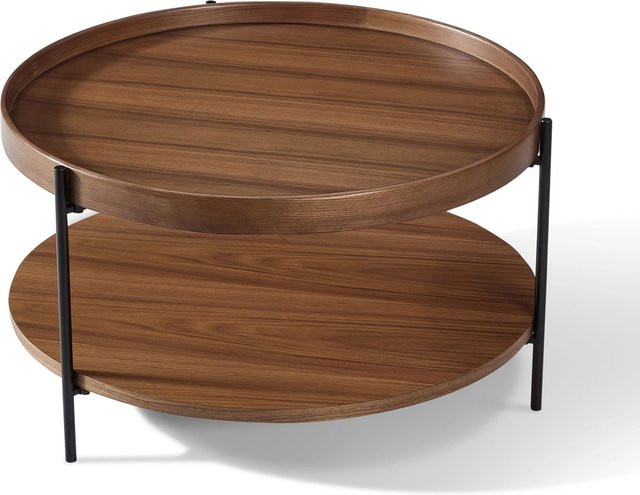 okwish Couchtisch rund aus Massivholz und Metall in Walnuss, 2-stöckiger Wohnzimmertisch, Durchmesser: 69 cm, Höhe: 38 cm - Bild 1