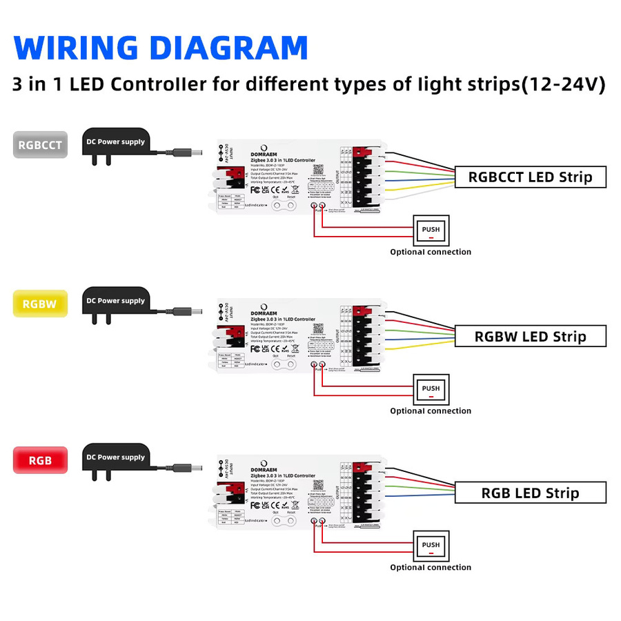 Domraem Zigbee 3.0 LED-Streifen-Controller für RGB, RGBW und RGBCCT, DC 12-24V 20A, kompatibel mit Philips Hue, SmartThings und Amazon Alexa, Farbe: Weiß - Bild 4