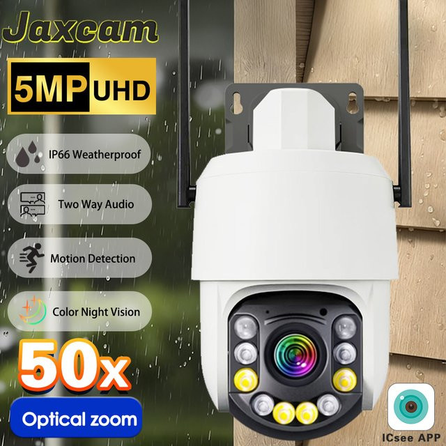 Jaxcam PTZ Sicherheitskamera für Außenbereich mit 2K 5MP Dual-Objektiv, 50X optischem Zoom und Bewegungserkennung, Weiß, Wi-Fi, ICSEE App - Bild 1