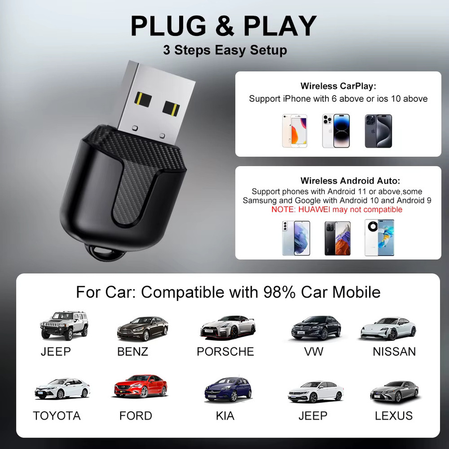 FLIXIVI CarPlay und Android Auto Adapter, kabelloser 5 GHz WiFi 5.0 Typ-C Plug-and-Play Adapter in Schwarz für kabelgebundene Systeme - Bild 6