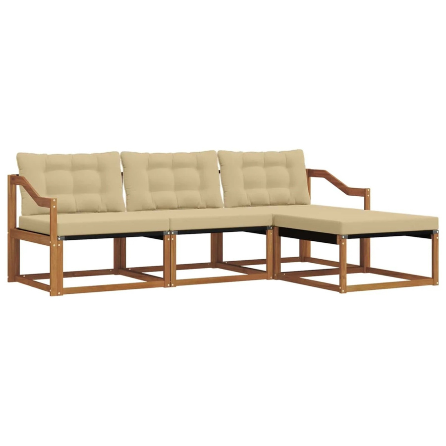 vidaXL Outdoor-Sofagarnitur L-Form aus Akazienholz mit Kissen und Ottoman, 4-teiliges Gartenmöbel-Set in Braun und Beige - Bild 2