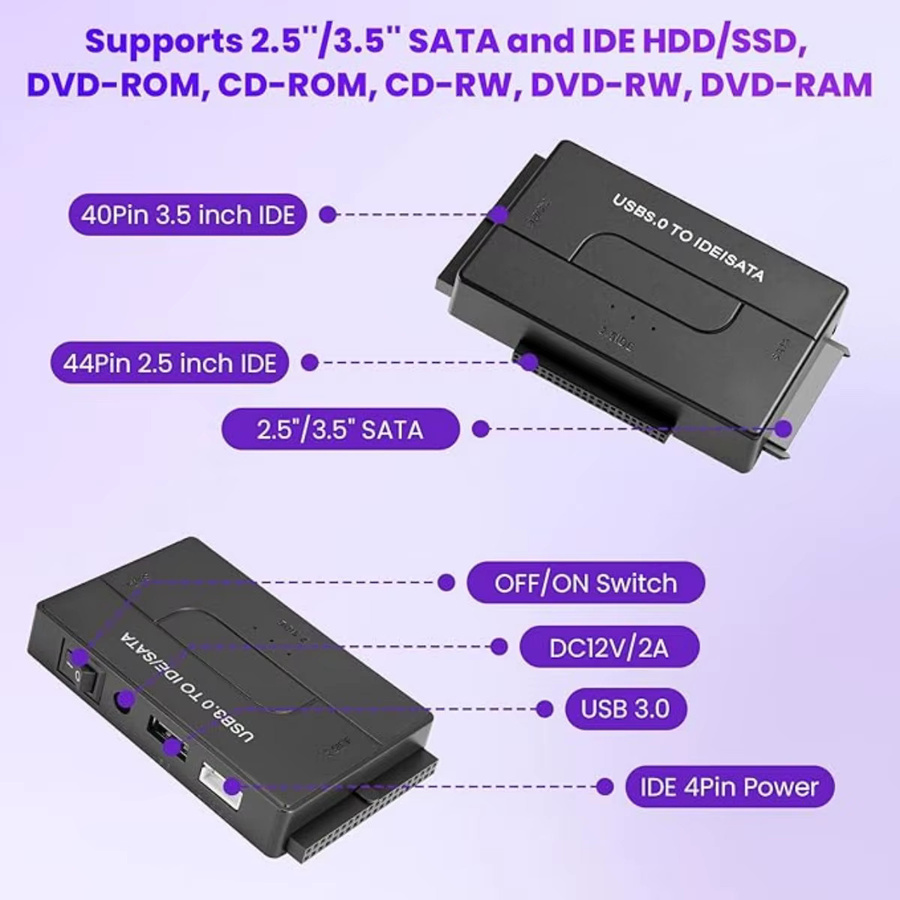 Congdi USB 3.0 zu IDE und SATA Adapter, Universeller Konverter für 2,5 und 3,5 Zoll HDD SSD, Schwarz - Bild 4