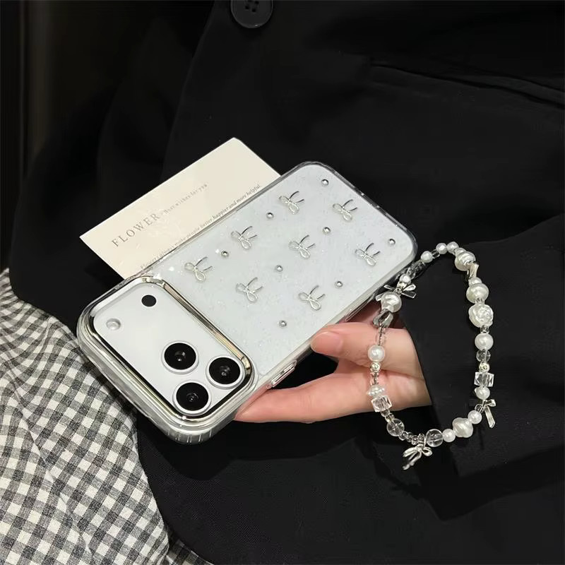 INS Glitzer 3D Silber Bogen Perle Handyhülle mit Lanyard für iPhone 17 Air 16 15 14 13 12 11 Pro Max 16E X XR XS 7 8 Plus - Bild 2